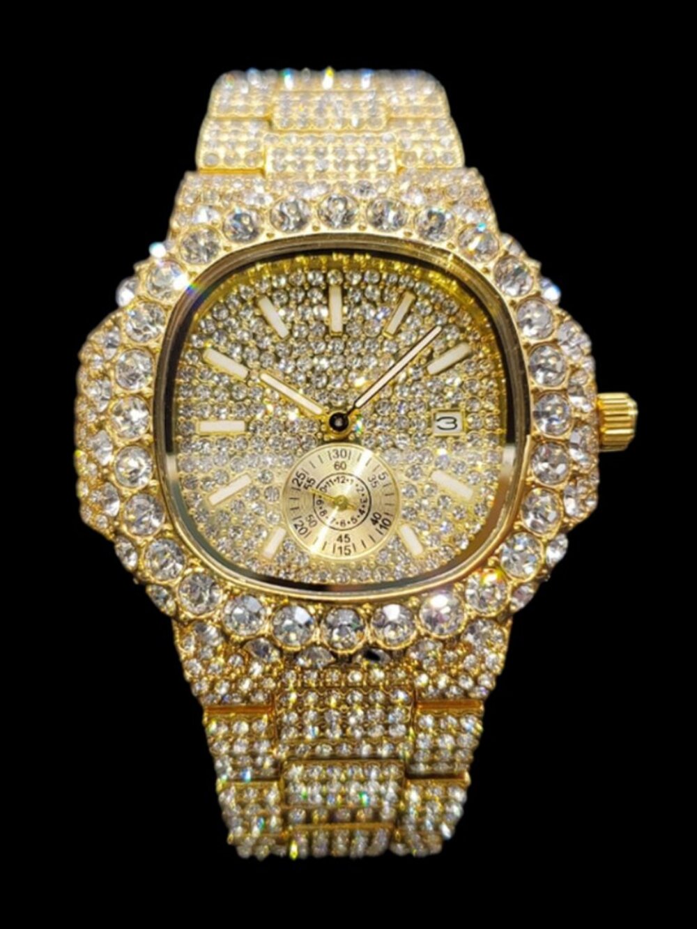 VVS Full Ice Date Special Minute Hand Iced Out Diamond Watch, Men Hip Hop Watch
